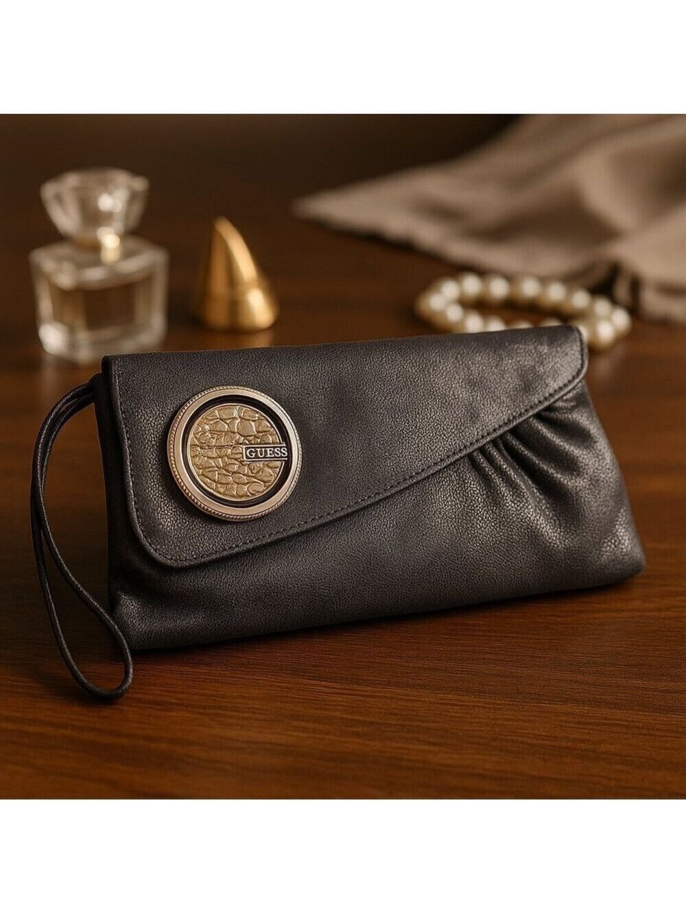 Guess Black Faux Suede Clutch Silver Croc Embossed Fold Over Evening Bag Purse